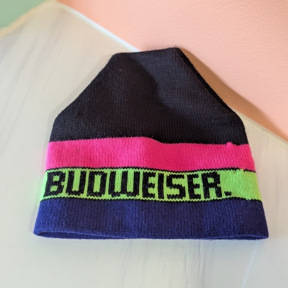 Vintage Y2K Neon Budweiser Beanie Ski Snowboard Knit Hat Made In USA - Picture 2 of 9